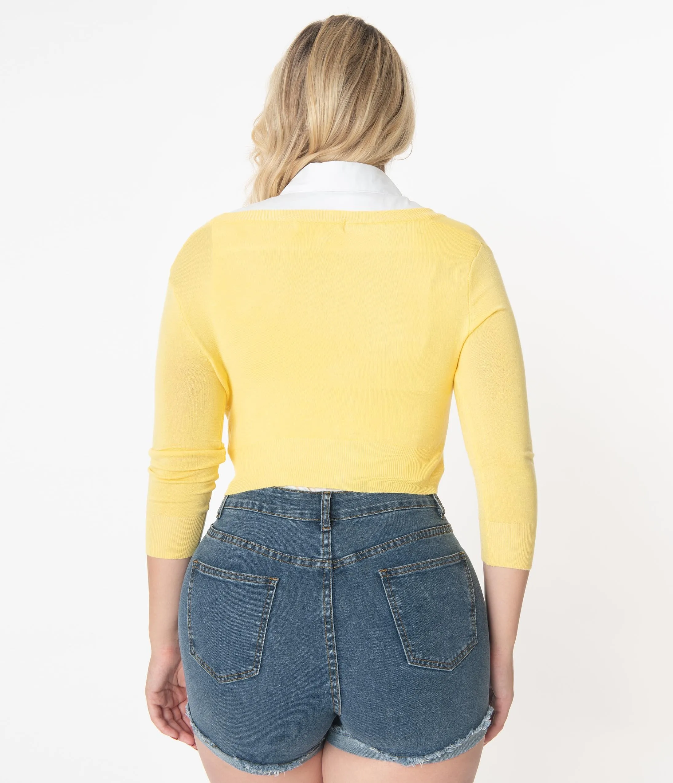 Custard Three-Quarter Sleeved Crop Cardigan