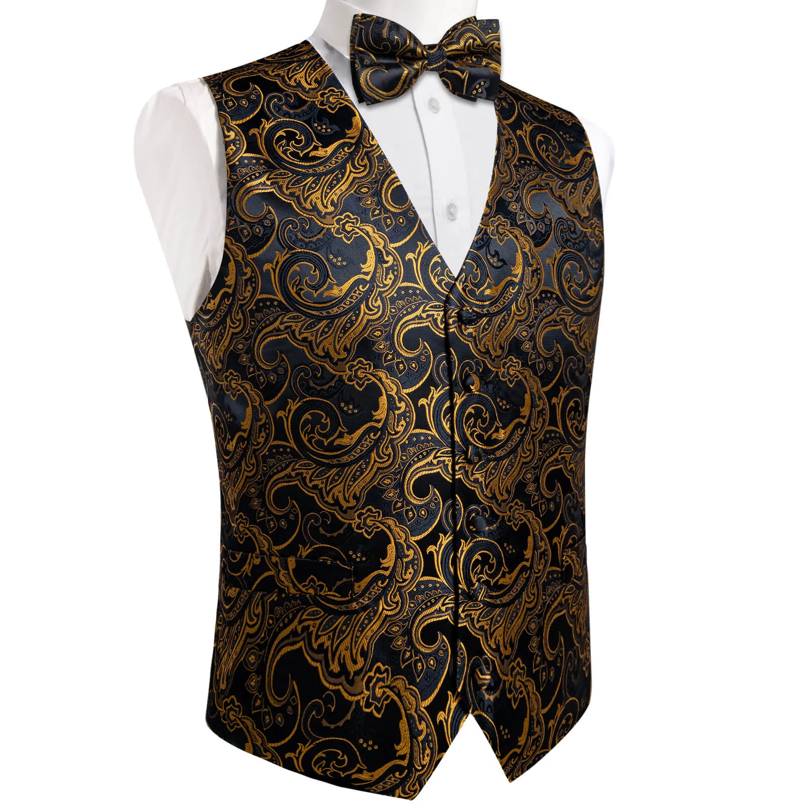 DiBanGu Men's Vest Black Gold Jacquard Floral Silk Vest Bow Tie Set