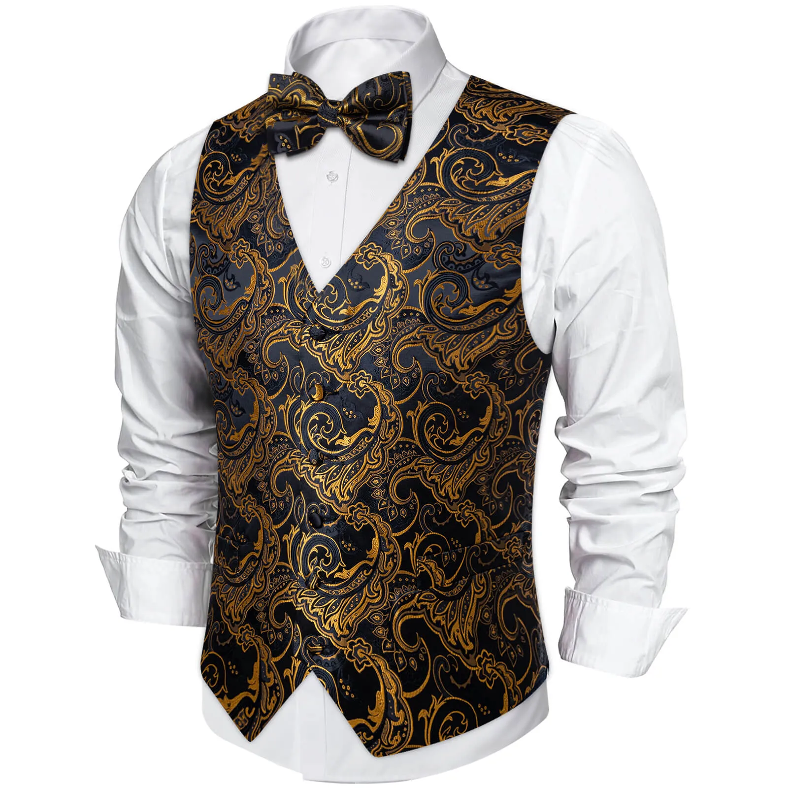 DiBanGu Men's Vest Black Gold Jacquard Floral Silk Vest Bow Tie Set