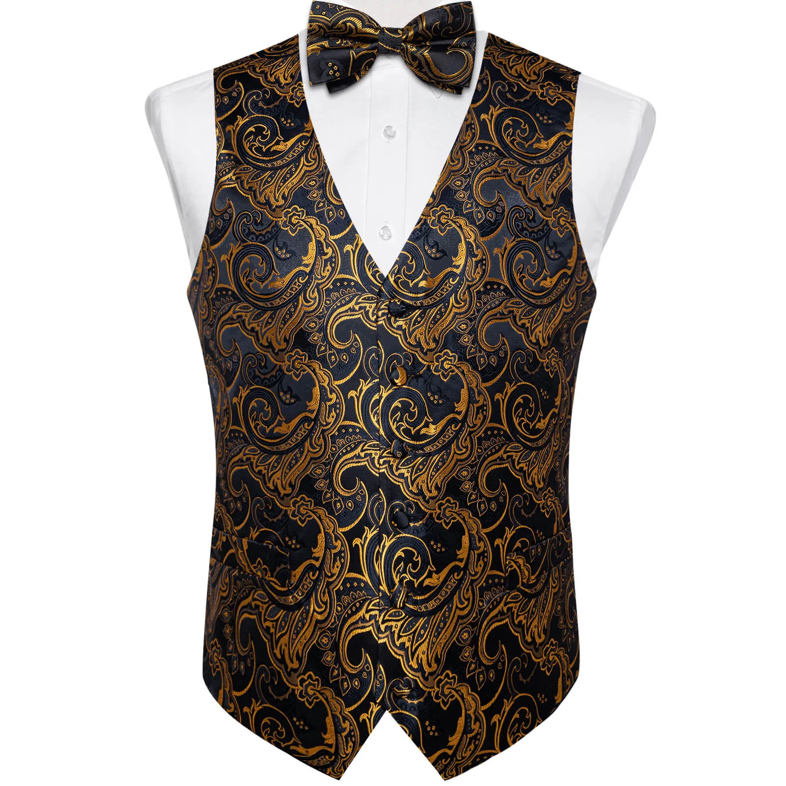 DiBanGu Men's Vest Black Gold Jacquard Floral Silk Vest Bow Tie Set