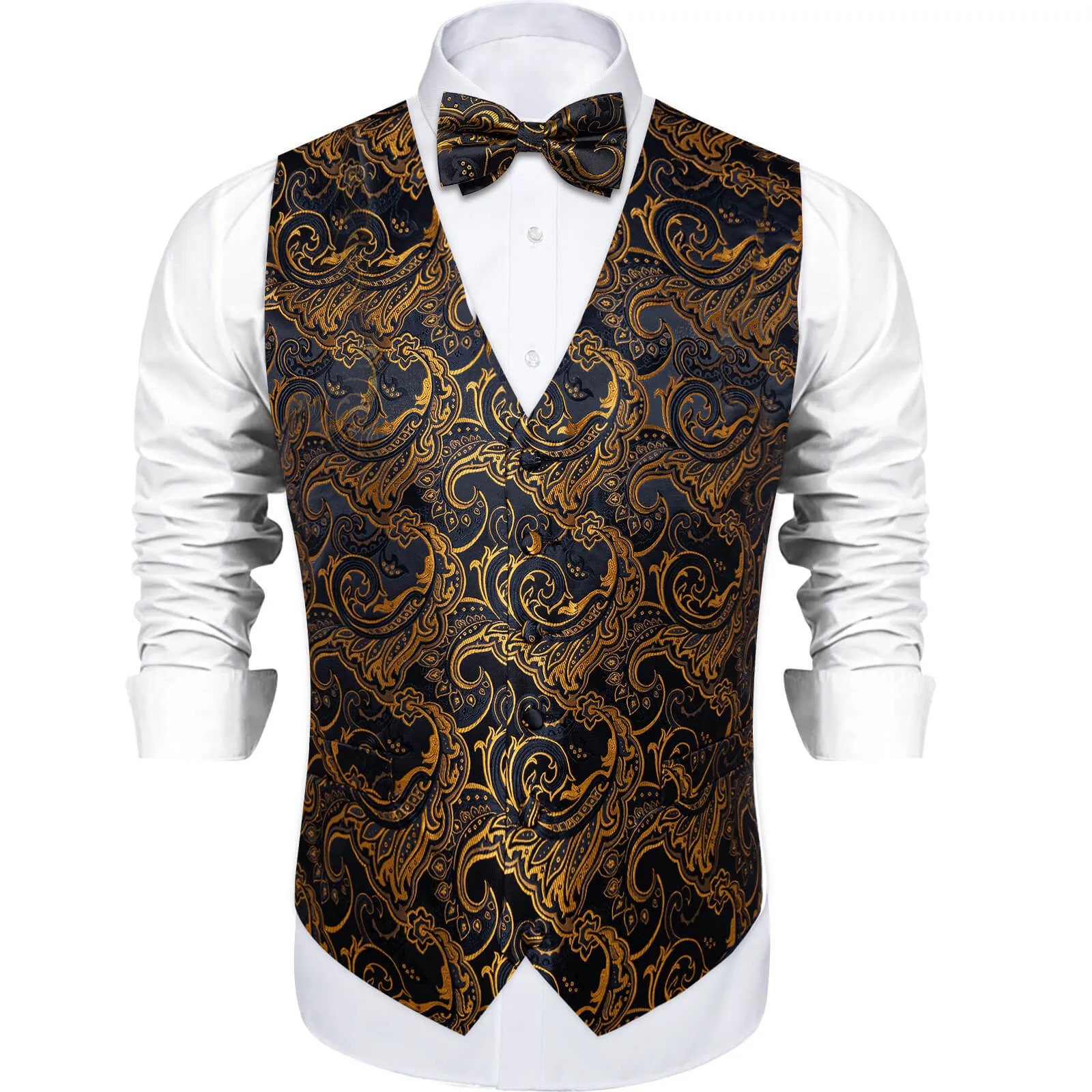 DiBanGu Men's Vest Black Gold Jacquard Floral Silk Vest Bow Tie Set