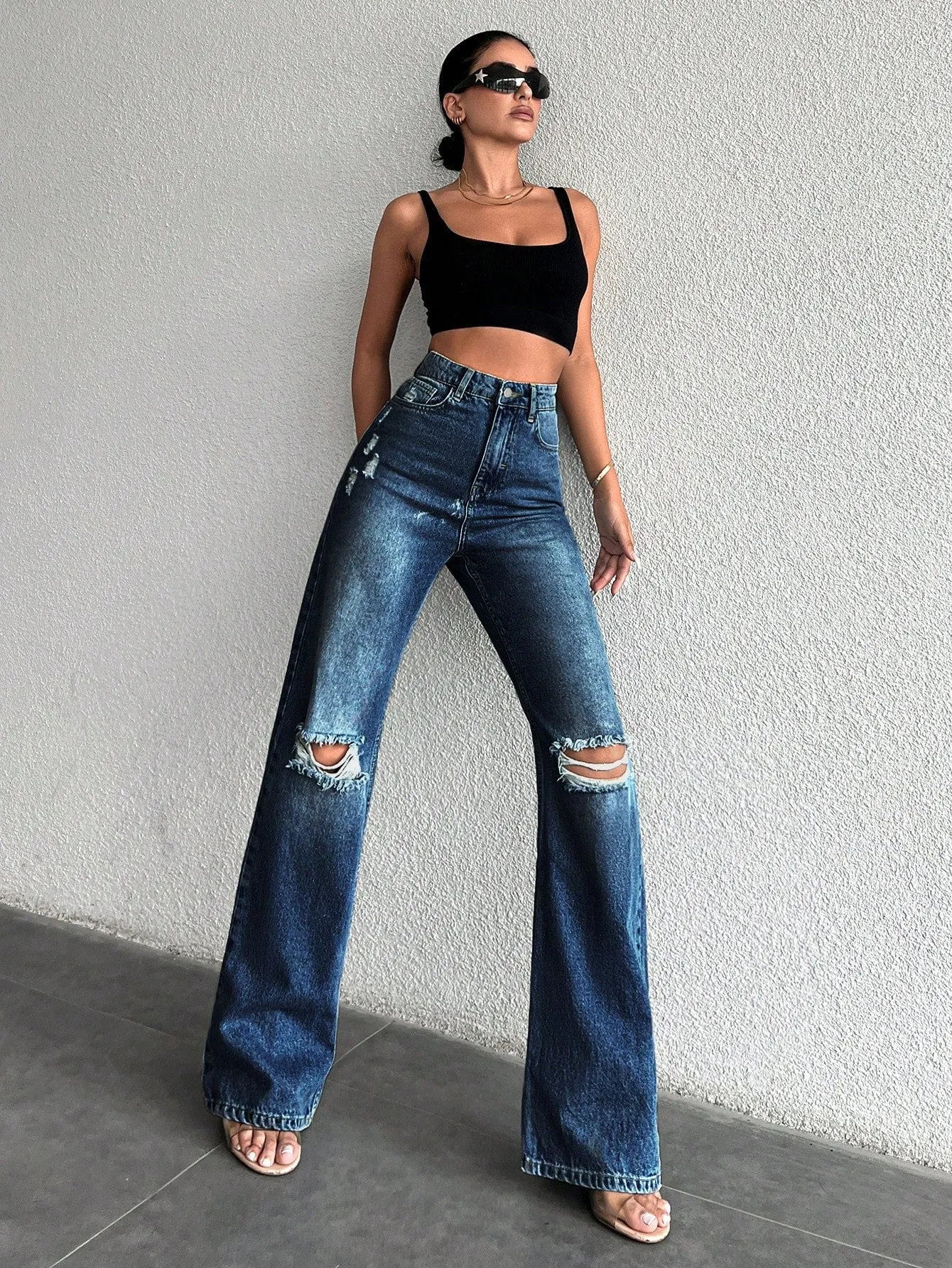 Edgy Blue Distress Wash Straight Leg Jeans