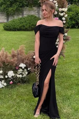 Elegant Off Shoulder Mermaid Black Long Prom Dresses with High Slit, Mermaid Black Formal Graduation Evening Dresses