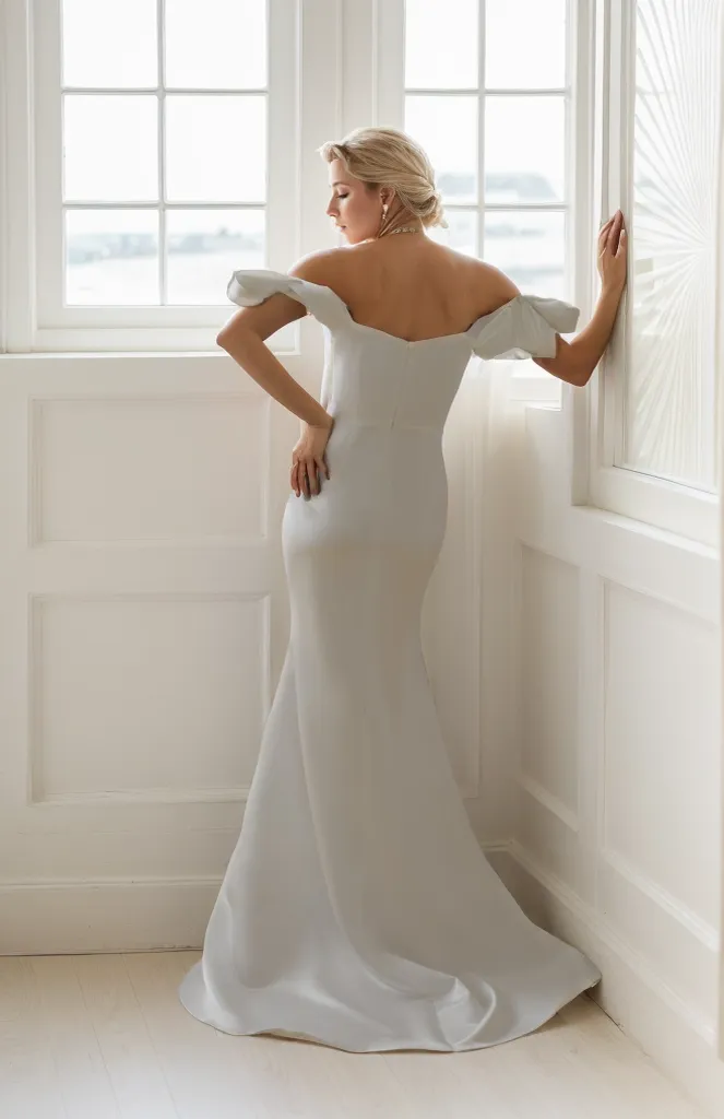 Elegant off the shoulder fit and flare duchess satin simple wedding dress colored wedding dress