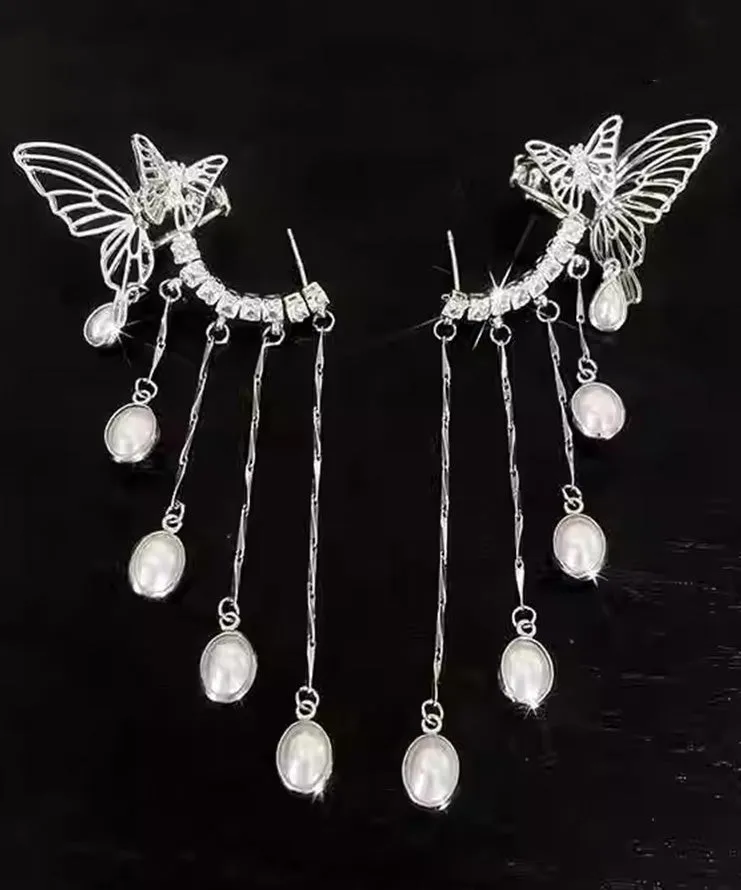 Elegant Silk Copper Zircon Pearl Butterfly Tassel Drop Earrings QJ047