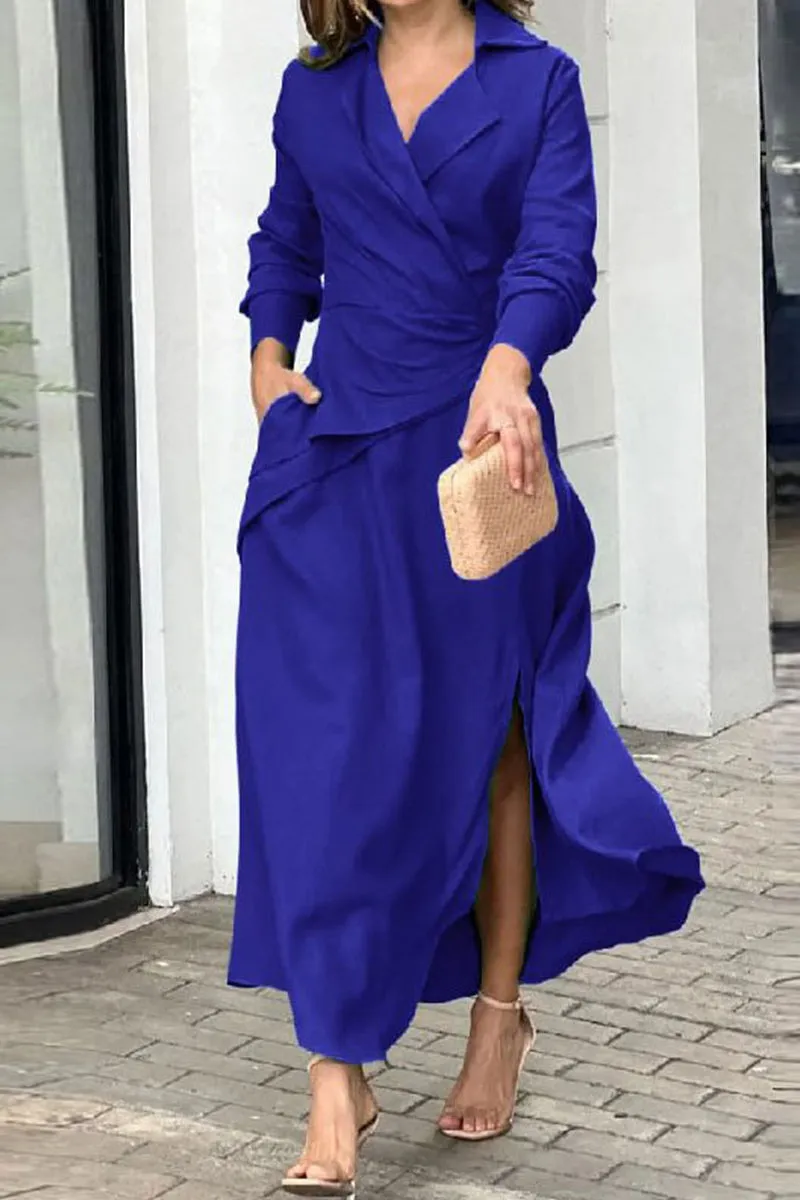 Elegant Solid Slit Fold Turndown Collar Shirt Dress Dresses(4 Colors)