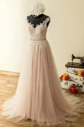 Elegant tulle lace long prom dress A line evening dress TR0725