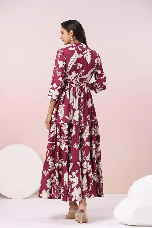 Elegant Wine Printed Maxi Dress