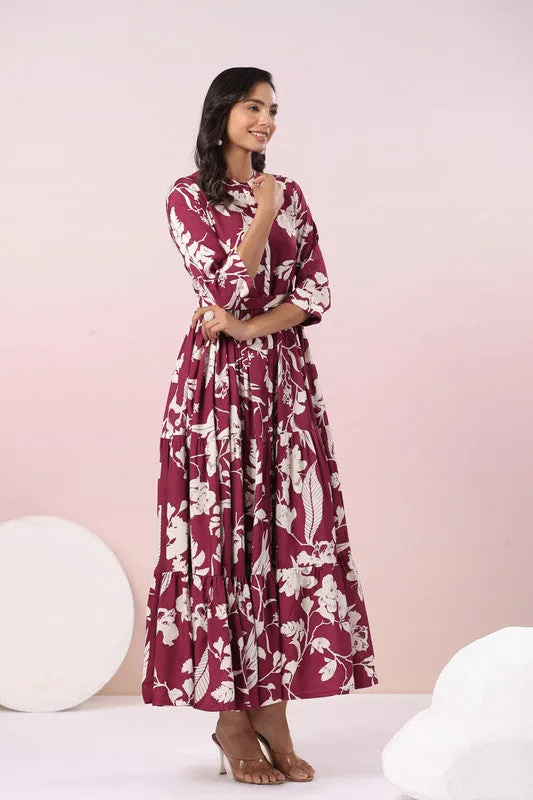 Elegant Wine Printed Maxi Dress