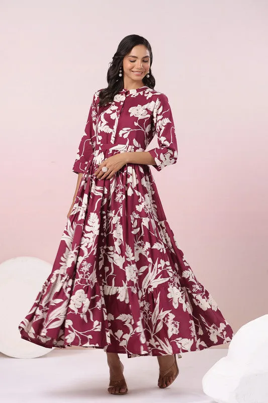 Elegant Wine Printed Maxi Dress