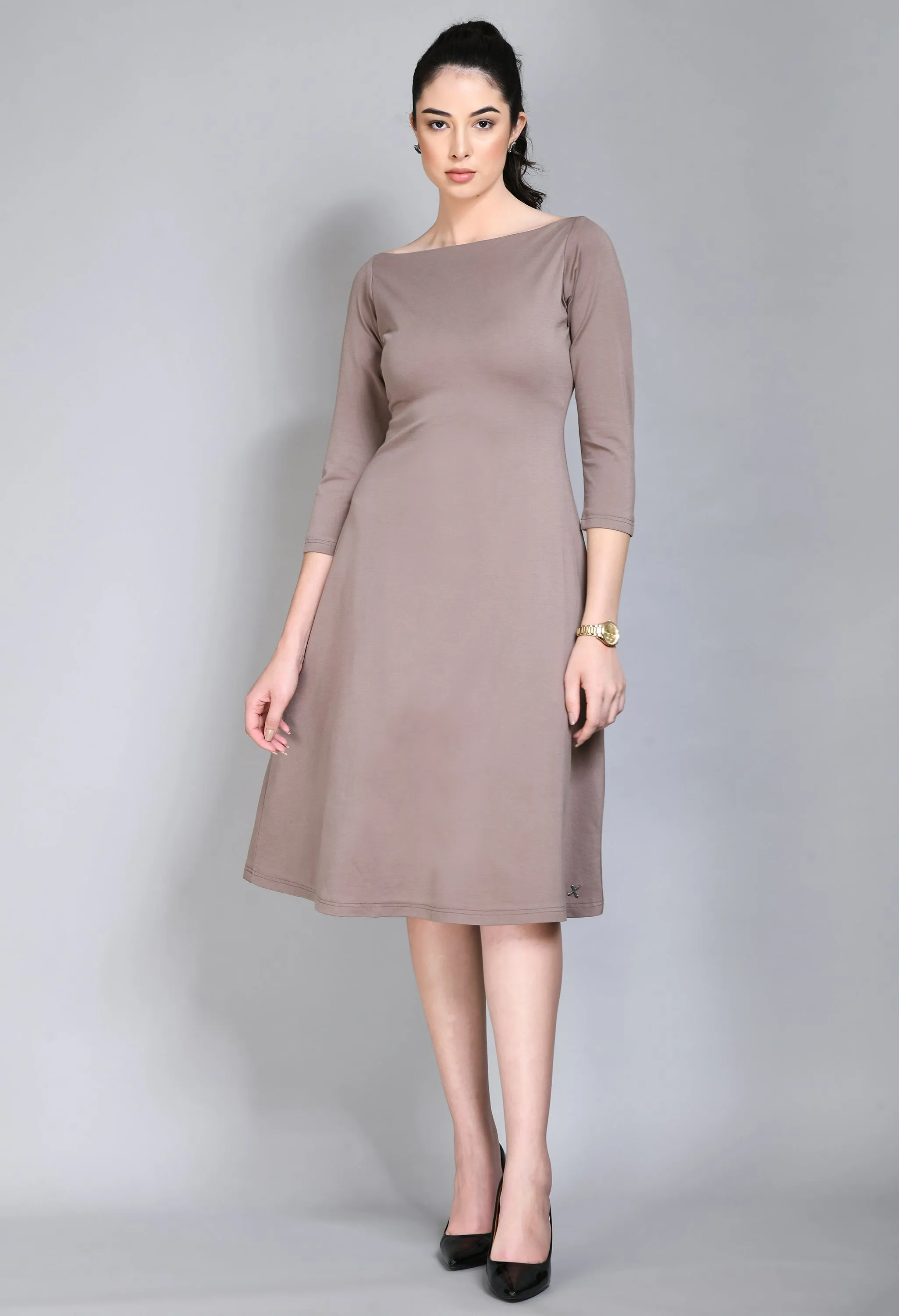 Exude Dignity Boat Neck A-line Dress (Camel Beige)