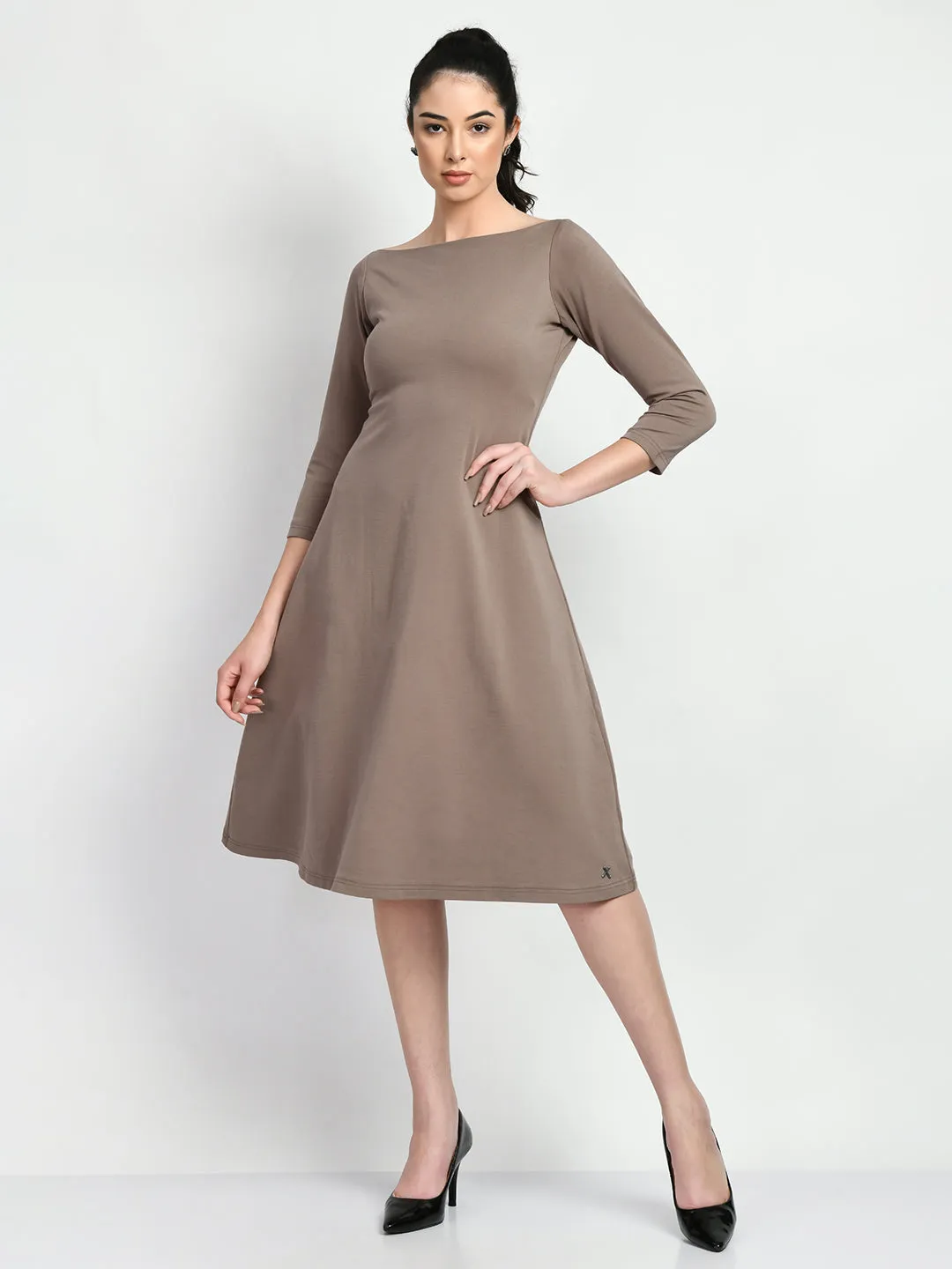 Exude Dignity Boat Neck A-line Dress (Camel Beige)