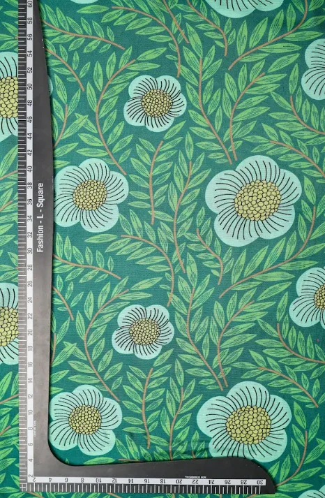 Floral Blue, Leaf Green Pattern Printed Natural Muslin Silk Fabric