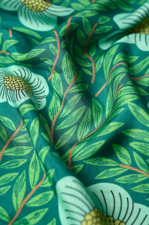 Floral Blue, Leaf Green Pattern Printed Natural Muslin Silk Fabric