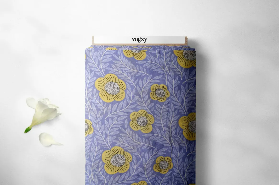 Floral Pattern Yellow, Mauve Background Printed Natural Muslin Silk Fabric