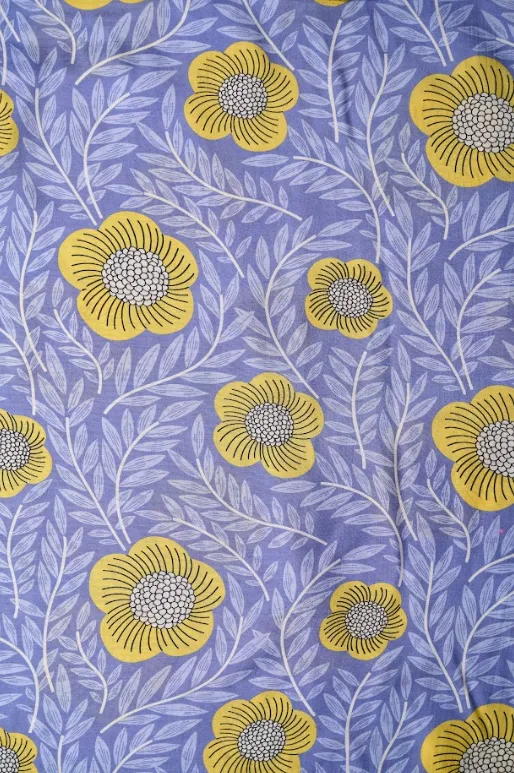 Floral Pattern Yellow, Mauve Background Printed Natural Muslin Silk Fabric