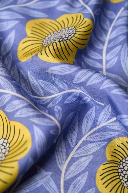 Floral Pattern Yellow, Mauve Background Printed Natural Muslin Silk Fabric