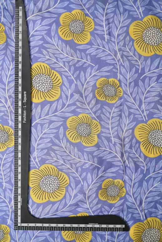 Floral Pattern Yellow, Mauve Background Printed Natural Muslin Silk Fabric