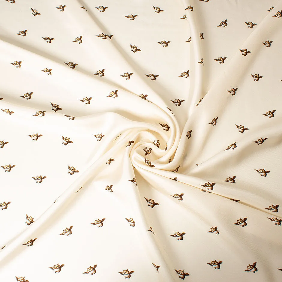 Flying Owl Ivory Printed Pure Silk Twill