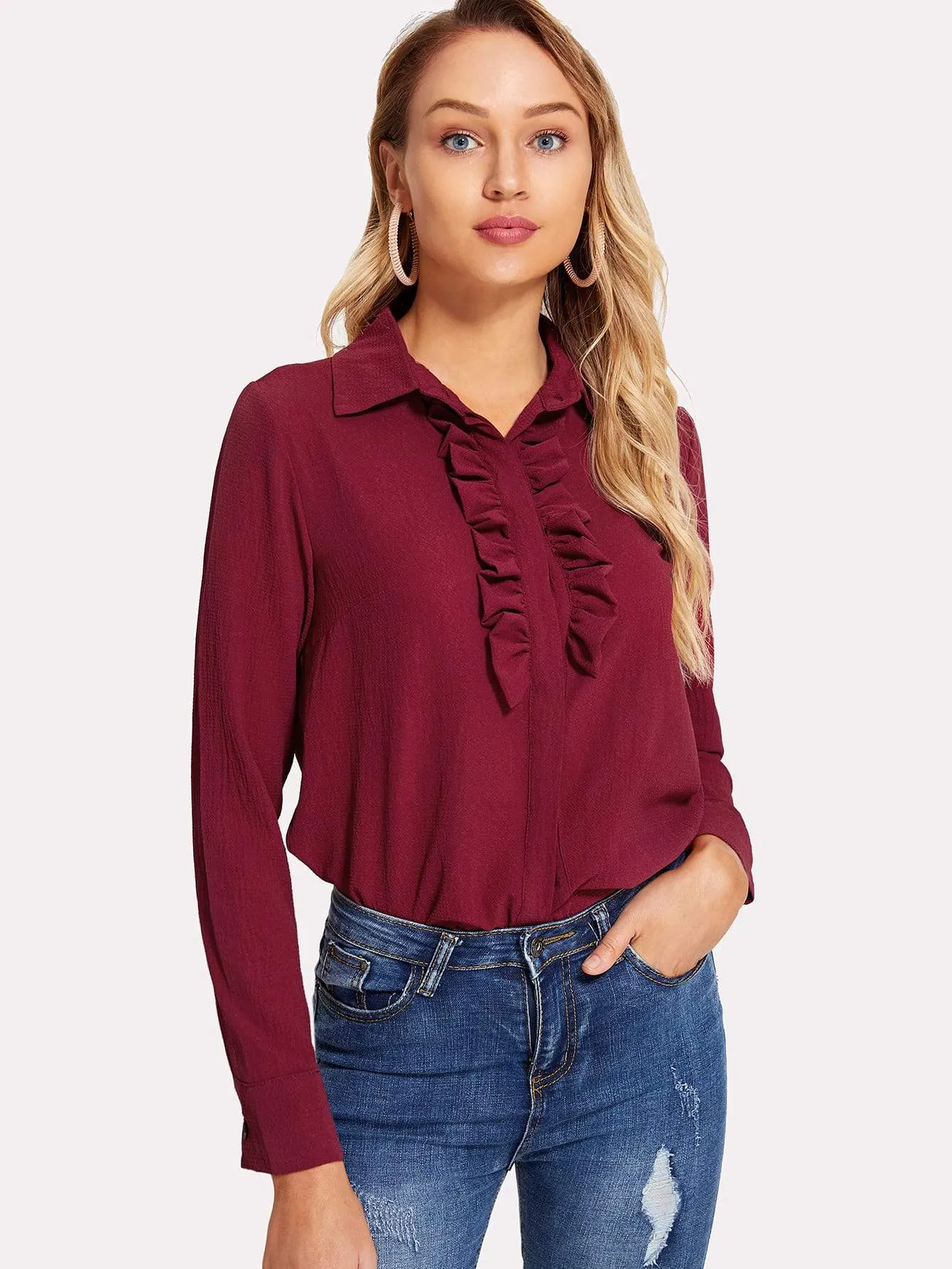 Frill Trim Solid Color Shirt