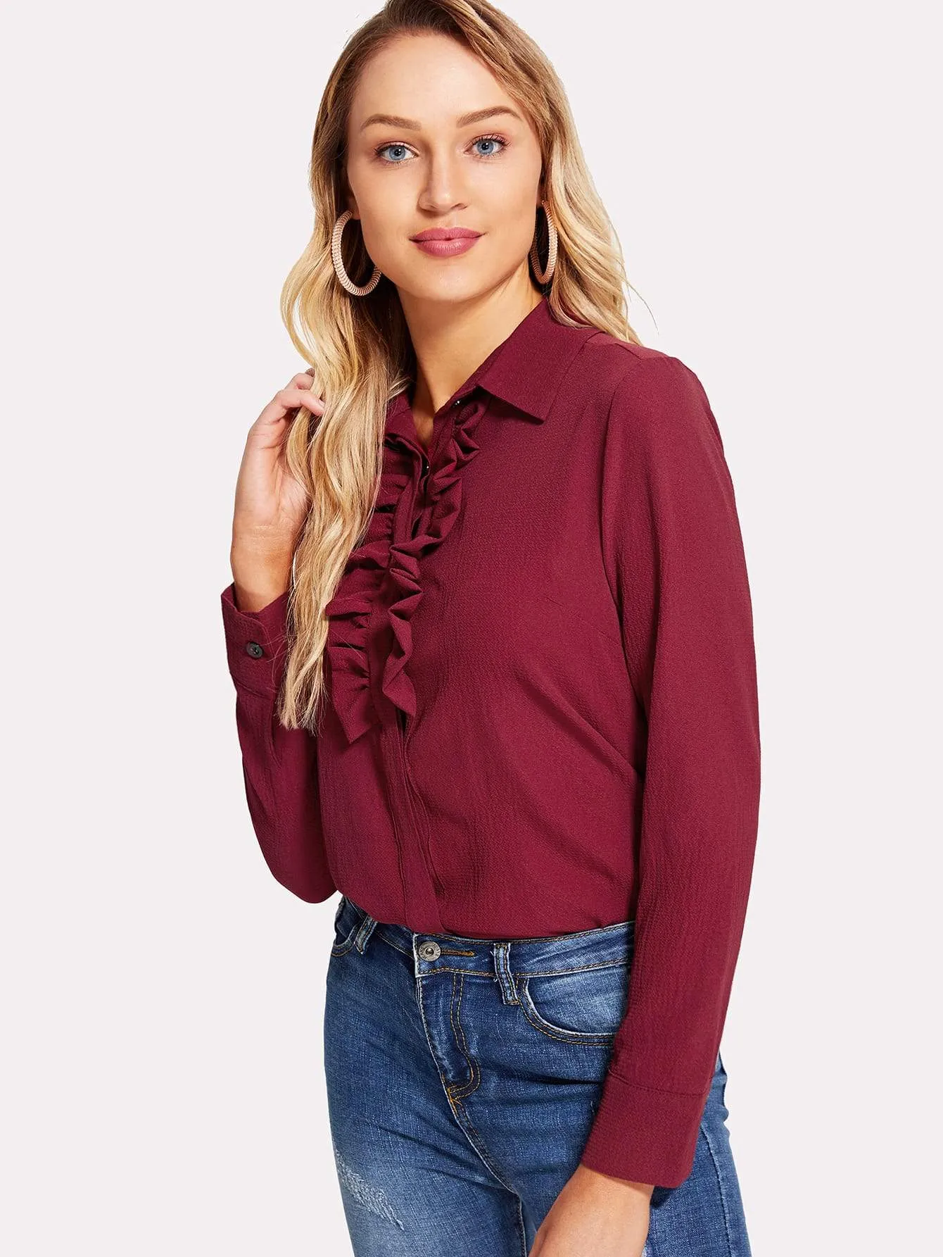 Frill Trim Solid Color Shirt