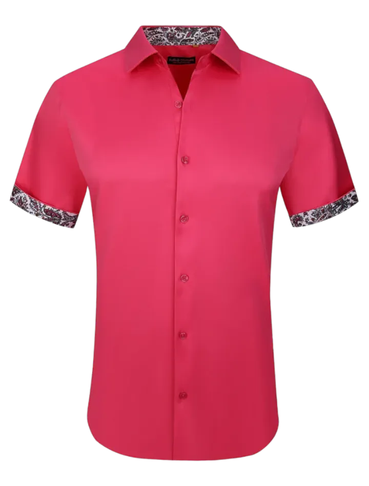 Fushia men's short sleeves shirt paisley cuff on the sleeves fancy style