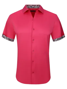 Fushia men's short sleeves shirt paisley cuff on the sleeves fancy style