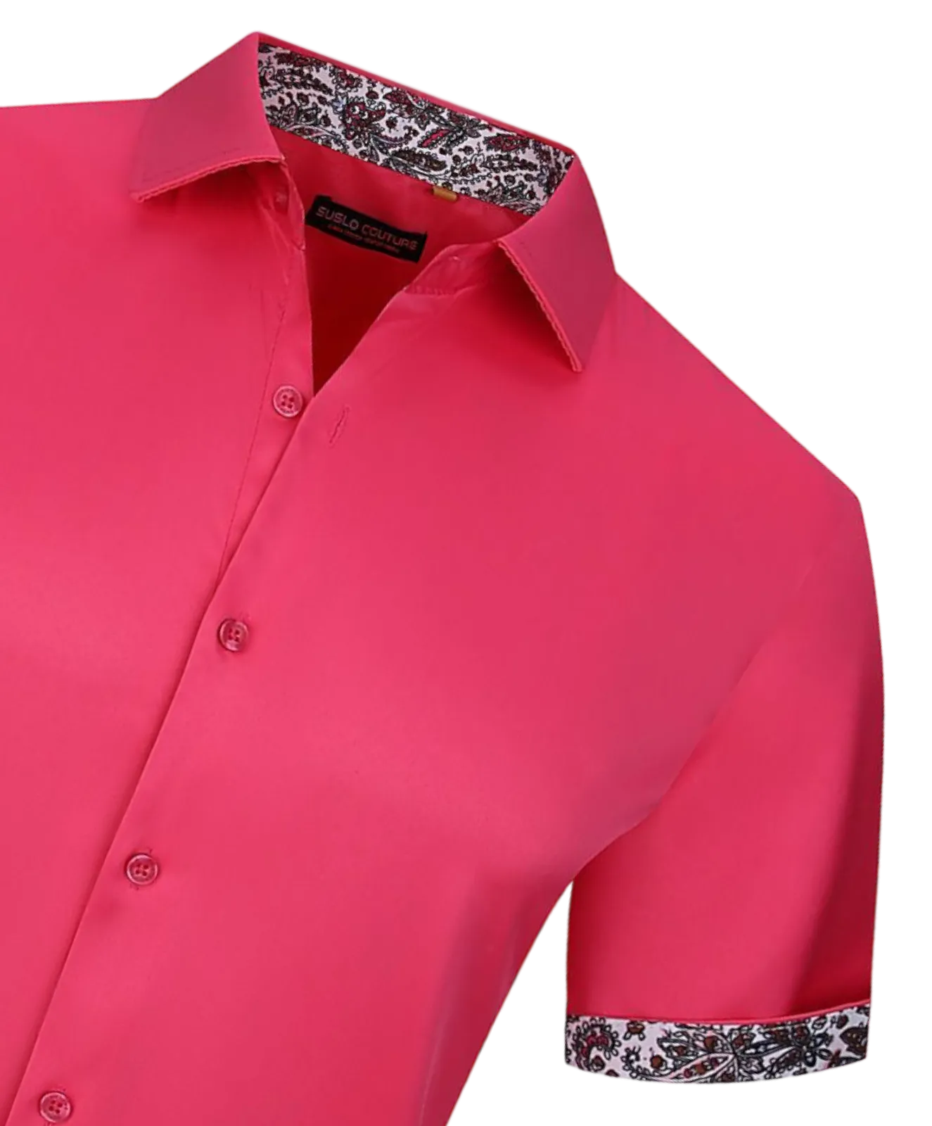 Fushia men's short sleeves shirt paisley cuff on the sleeves fancy style