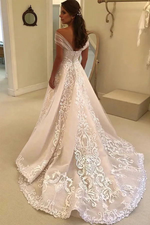 Gorgeous Off The Shoulder White Lace Wedding Dress With Sweep Train