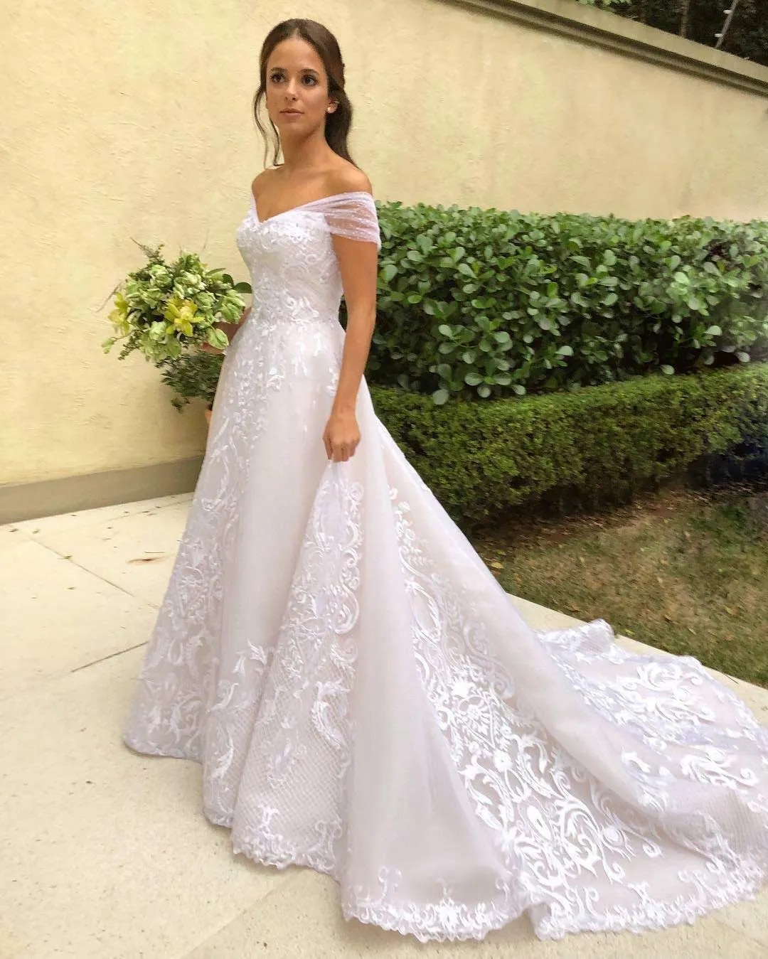 Gorgeous Off The Shoulder White Lace Wedding Dress With Sweep Train