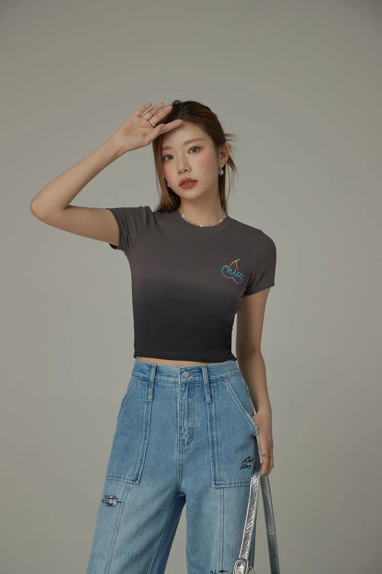 Gradient Round Neck Slim Short-Sleeved Cropped T-Shirt