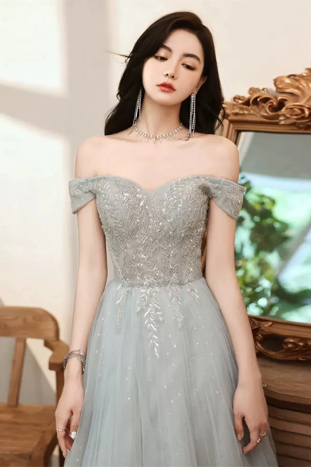 Gray Off the Shoulder Lace Long Prom Dresses, Gray Lace Formal Dresses, Grey Evening Dresses WT1229