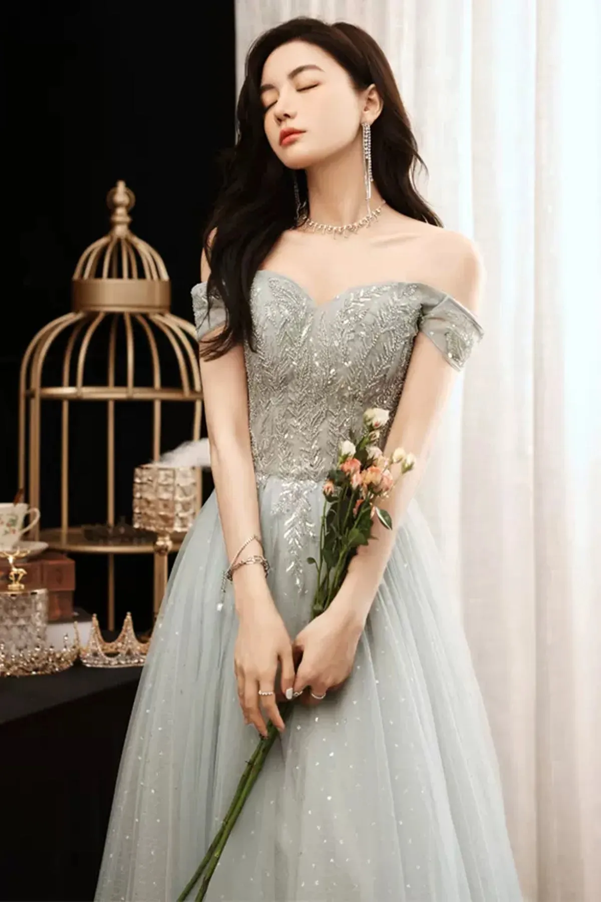 Gray Off the Shoulder Lace Long Prom Dresses, Gray Lace Formal Dresses, Grey Evening Dresses WT1229