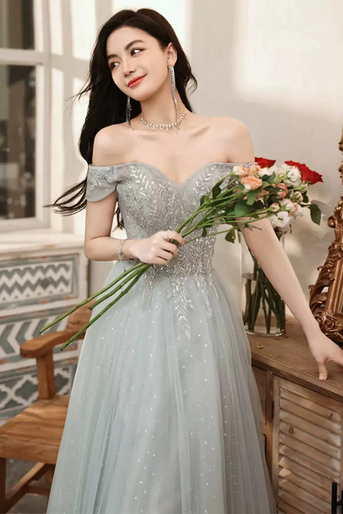 Gray Off the Shoulder Lace Long Prom Dresses, Gray Lace Formal Dresses, Grey Evening Dresses WT1229