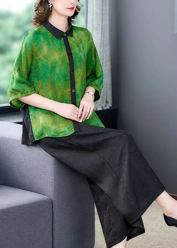 Green Print Patchwork Silk 2 Piece Outfit Shirts Tops And Pants Summer LY5941