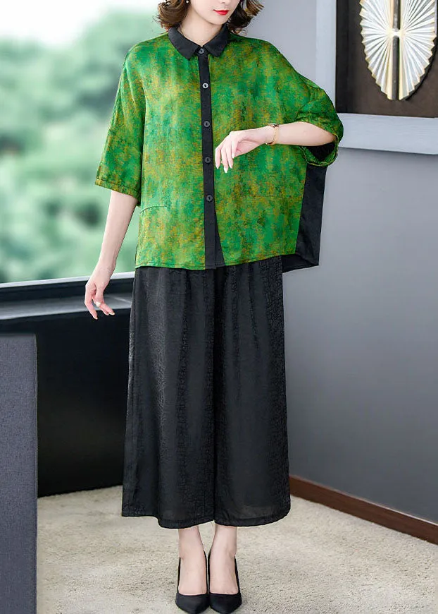 Green Print Patchwork Silk 2 Piece Outfit Shirts Tops And Pants Summer LY5941