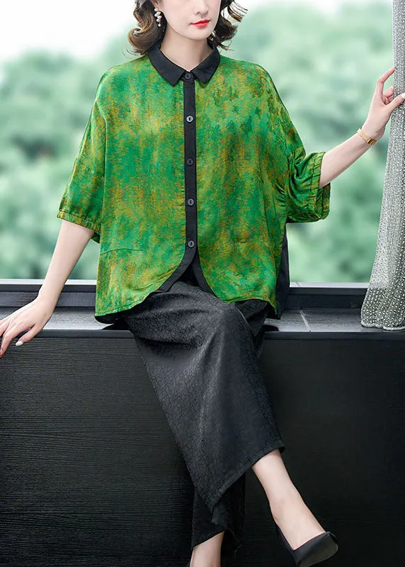 Green Print Patchwork Silk 2 Piece Outfit Shirts Tops And Pants Summer LY5941