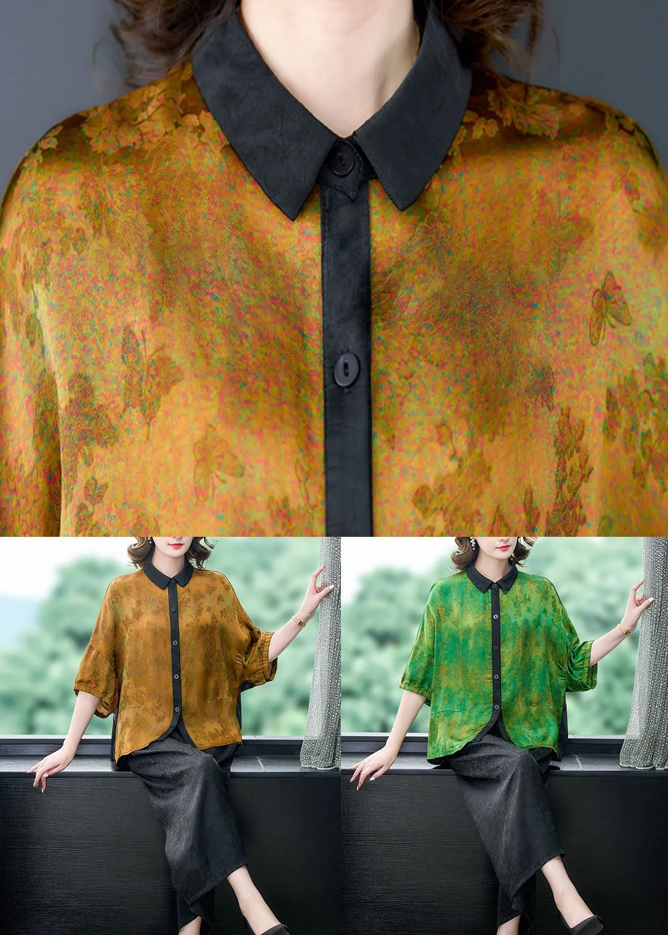 Green Print Patchwork Silk 2 Piece Outfit Shirts Tops And Pants Summer LY5941