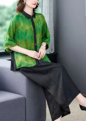 Green Print Patchwork Silk 2 Piece Outfit Shirts Tops And Pants Summer LY5941