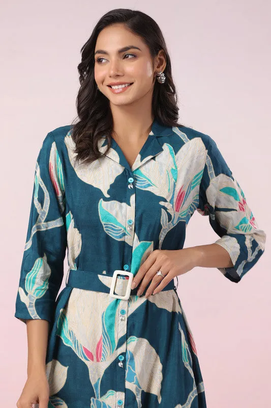 Green Tropical Charm Button-Down Muslin Silk Dress