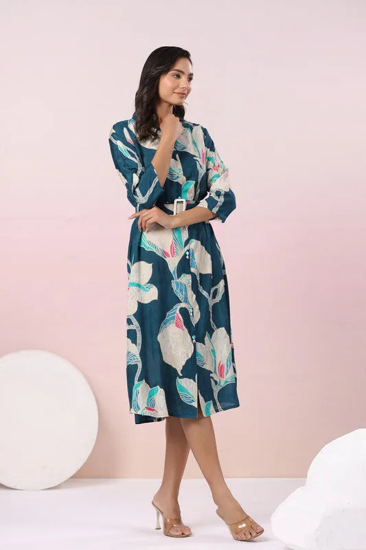 Green Tropical Charm Button-Down Muslin Silk Dress