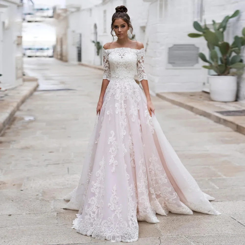 Half Sleeve Lace Princess A-Line Wedding DressLuxury Boat Neck Court Train A-Line Bride Gown