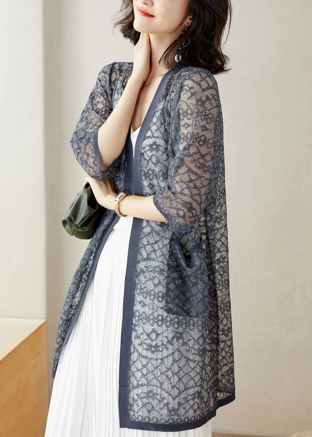 Handmade Grey V Neck Pockets Patchwork Lace Cardigan Summer LY9209