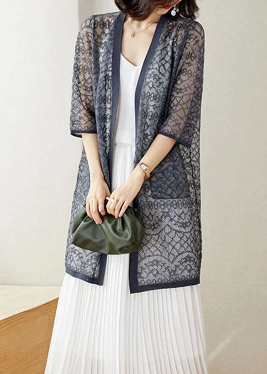 Handmade Grey V Neck Pockets Patchwork Lace Cardigan Summer LY9209