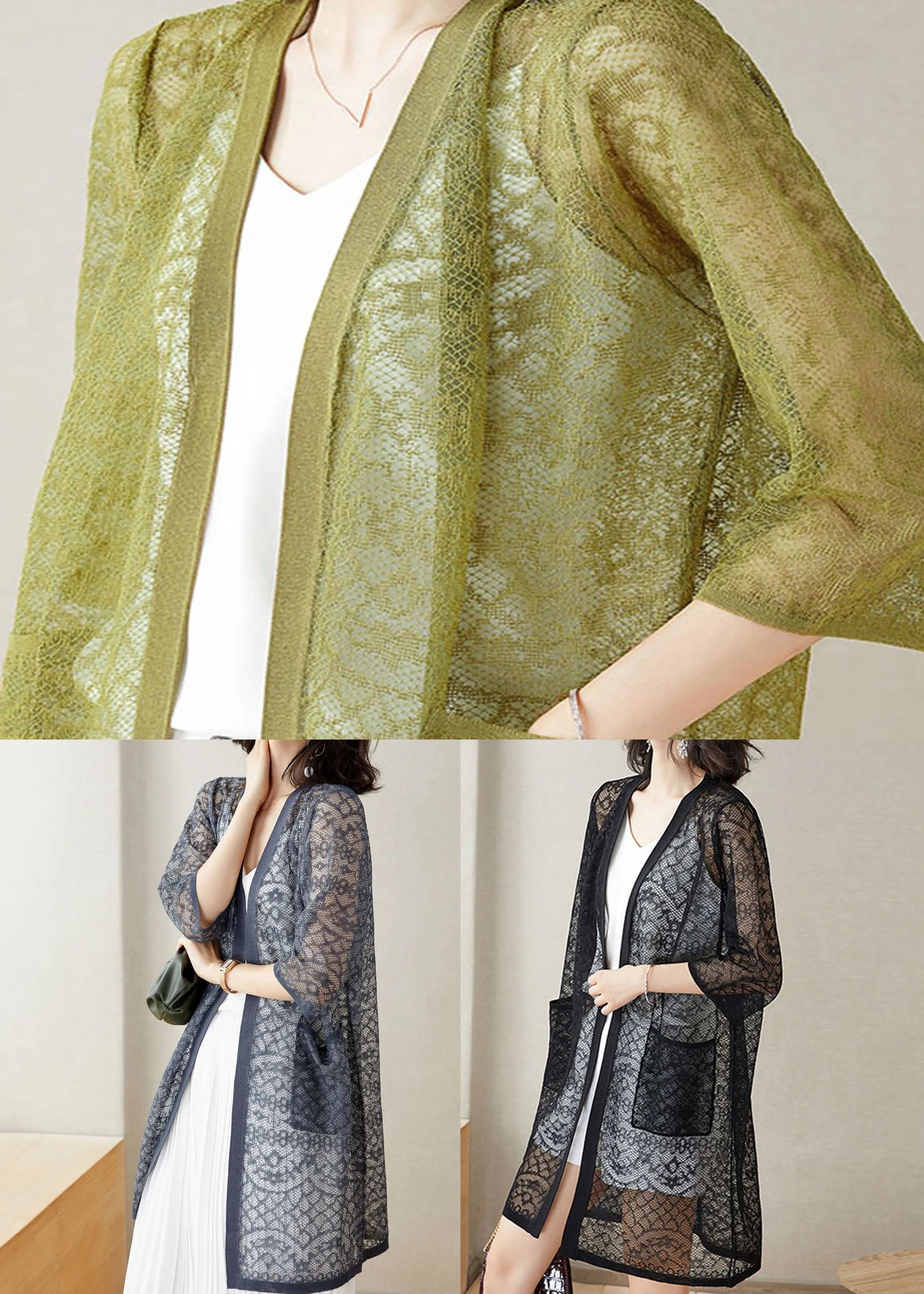 Handmade Grey V Neck Pockets Patchwork Lace Cardigan Summer LY9209