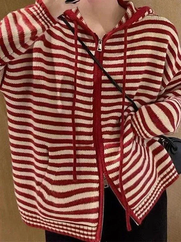 Hooded Striped Long Sleeve Knit Cardigan