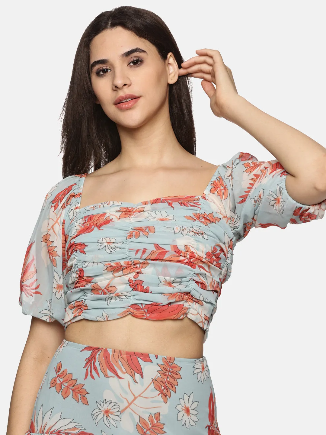 IS.U Floral light  Blue Rushing Detail Crop Top