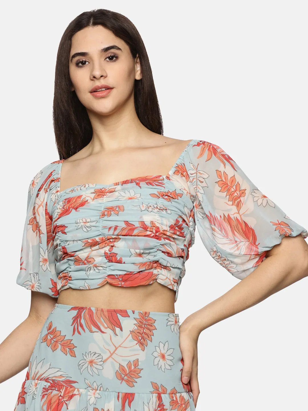 IS.U Floral light  Blue Rushing Detail Crop Top