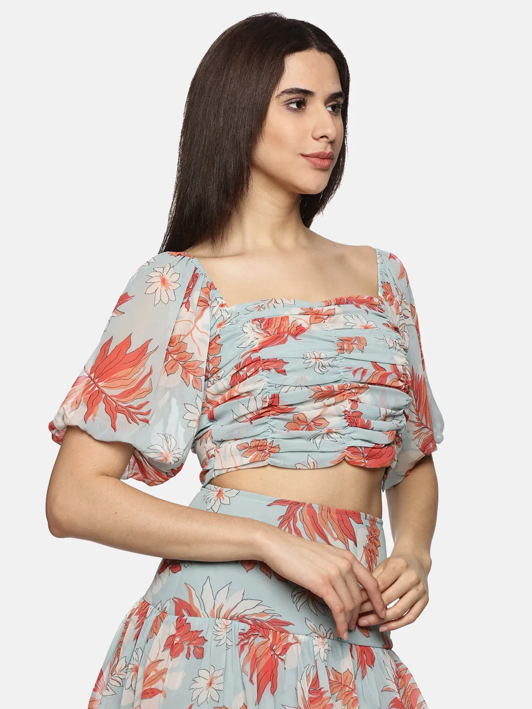 IS.U Floral light  Blue Rushing Detail Crop Top