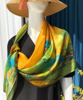 Italian Yellow Print Comfy Versatile Silk Scarf 19544